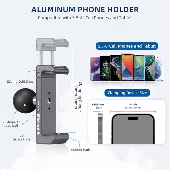 UYGDUY-Aluminum Phone Holder with 1" Ball Head Adapter Compatible with RAM mounts B Size Double Socket arm (CPC-08)