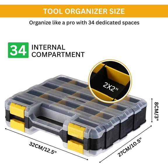 UYGDUY-Andalus Tools Organizer Box, Small Parts Storage 34-Compartment Double-Sided Portable Hardware Organizer Removable Plastic Dividers for Screws, Nuts, Bolts, Nails  Yellow (1 Pack, 12.5"