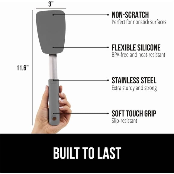 UYGDUY-BPA-Free Silicone Spatula for Non Stick Frying Pan, 2 PK, Heat Resistant Flexible Head, Patented Soft Comfortable Handle, Non-Scratch Kitchen Turner, Flip Burgers, Pancakes, 11.6 in, Gray