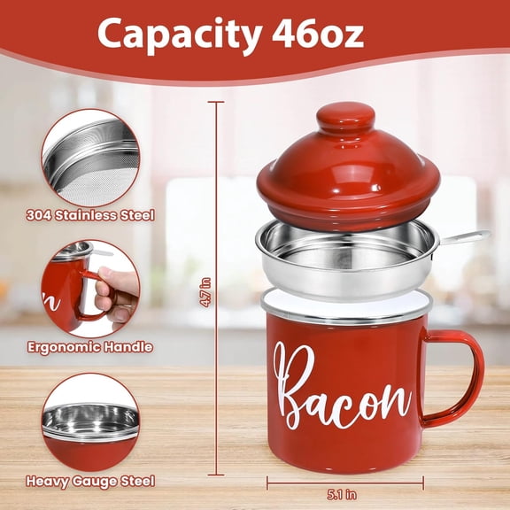 UYGDUY-Bacon Grease Container with Strainer - 46oz Enamel Grease Container, Farmhouse Bacon Grease Keeper For Kitchen Fat Storage, White Elephant Gifts-Red