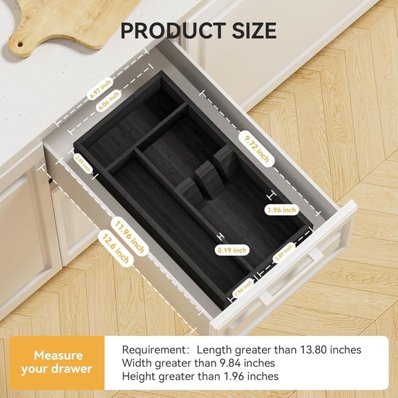 UYGDUY-Bamboo Silverware Organizer, 12.6 x 6.97 x 1.96 Inches Kitchen Utensil Drawer Organizer, Silverware Tray for Drawer with Fixed Slots for Spoons, Forks & Knives, Natural (Black)
