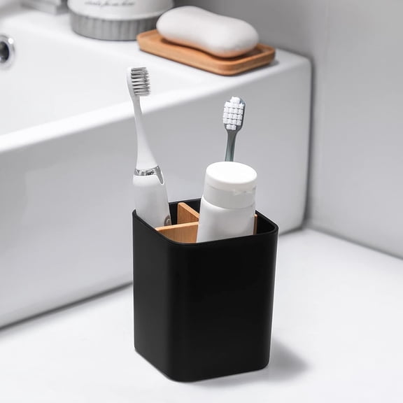 UYGDUY-Bamboo Toothbrush Holder for Bathrooms, 3 Slots Toothbrush and Toothpaste Holder Bathroom Counter Organizer for Electric Toothbrushes, Floss, Razors, 2 Pack, Black