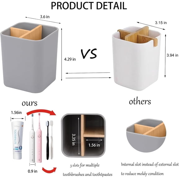 UYGDUY-Bamboo Toothbrush Holder for Bathrooms, 3 Slots Toothbrush and Toothpaste Holder Bathroom Counter Organizer for Electric Toothbrushes, Floss, Razors - Gray