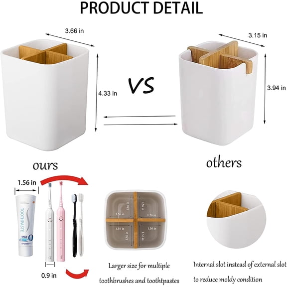 UYGDUY-Bamboo Toothbrush Holder for Bathrooms, 4 Slots Toothbrush and Toothpaste Holder Bathroom Counter Organizer for Electric Toothbrushes, Floss, Razors - White