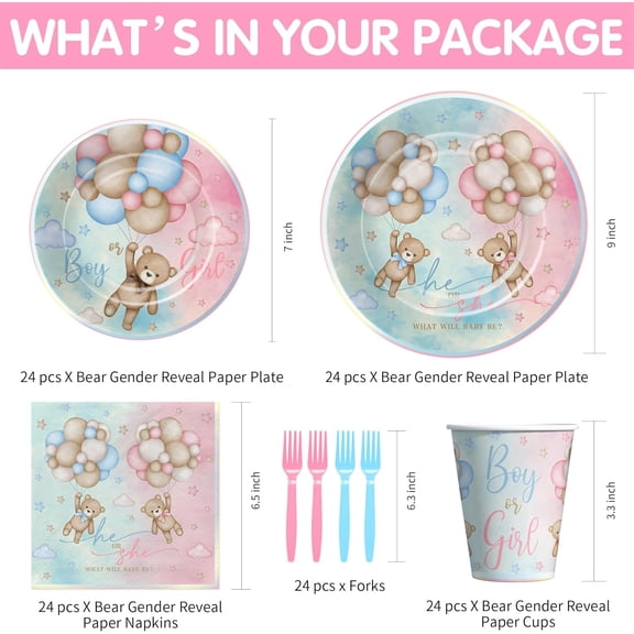 UYGDUY-Bear Gender Reveal Decorations Party Tableware - Bear Boy Or Girl Gender Reveal Supplies, Paper Plate, Cup, Napkin, Disposable Fork, He Or She Gender Reveal Table Decorations | Serve 24