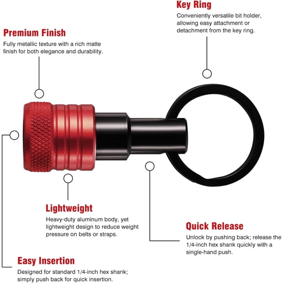 UYGDUY-Bit Holder Key Chain 12 Pcs Set, 1/4 inch Socket Hex Shank Bit Holders Keychain for Impact Drills Nut Driver, Quick Release Screwdriver Extension Tool with Carabiner, Tools Gifts for Men (Red)
