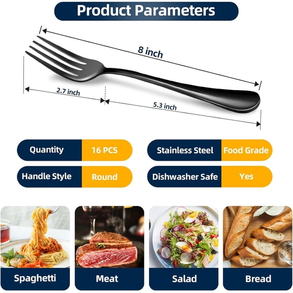 UYGDUY-Black Forks 16 Pices Dinner Forks 8 Inches Food Grade forks stainless steel Table Forks Flatware Forks Mirror Polished Sturdy and Durable Dishwasher Safe Great for Home Kitchen or Restaurant