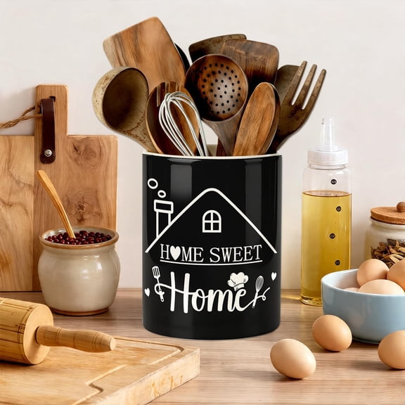 UYGDUY-Black Kitchen Utensil Holder, Home Sweet Home Ceramic Utensil Holder , Cooking Utensil Crocks for Kitchen Countertop, Kitchen Decorations Rustic Farmhouse Decor