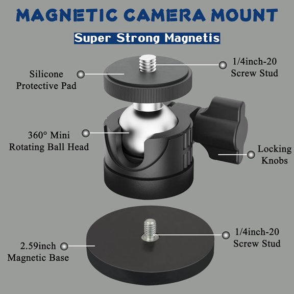 UYGDUY-Black Magnetic Camera Mount, Strong Magnetic Mount with 360 Rotation Ball Head, Security Camera Base Holder with 1/4 inch Thread for GoPro,DJI OSMO Action,Action Camera