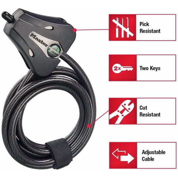 UYGDUY-Black Python Bike Lock with Key, Adjustable Metal Cable Lock has a Weather Resistant Vinyl Coating for Outdoor Equipment, Bicycles, Trail Cameras, 6 Feet Long, 8418D