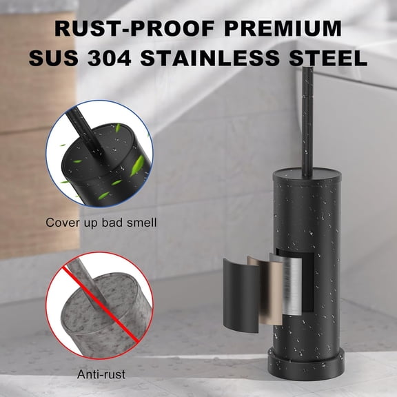 UYGDUY-Black Toilet Brush and Holder SetStainless Steel Heavy Duty Toilet Bowl BrushExtra Long Handled Modern Toilet Cleaner Brush with Replaceable Head, Removable Inner Bowl,(Black,1)