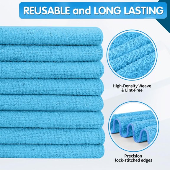 UYGDUY-Blue Microfiber Cleaning Cloth -Pack of 12, Highly Absorbent Cleaning Rags, 16"X12" All Purpose Cleaning Towels for Housekeeping, Kitchen, Car, Lint Free and Reusable Microfiber Towels