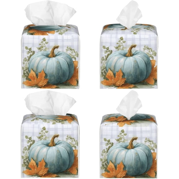 UYGDUY-Blue Pumpkins Fall Tissue Box Cover Autumn Leaves Plaid Square Leather Tissue Holder Decorative Facial Tissue Cube Paper Cover Case Organizer for Bathroom Night Stands Desk Tabletop Living Roo
