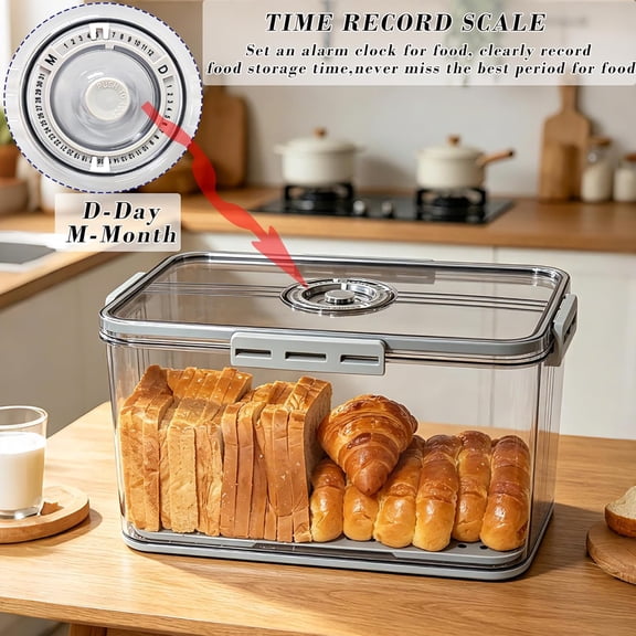 UYGDUY-Bread Box Bread Boxes for Kitchen Counter Airtight,Time Recording Bread Storage Container with Lid, Bread Keeper for Homemade Bread, Toast, Bagel, Donut and Cookies, Grey