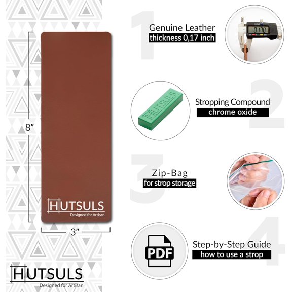 UYGDUY-Brown Leather Strop with Compound - Get Razor-Sharp Edges with Stropping Kit, Green Honing Compound & Vegetable Tanned Two Sided Knife Sharpener Step-by-Step Guide Included