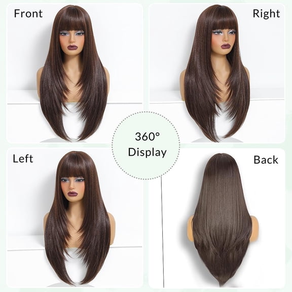 UYGDUY-Brown Synthetic Wig with Bangs, Long Straight Wigs for Women,28 inch Glueless Bang Wig,Layered Womens Wigs for Daily Party Cosplay(Brown)