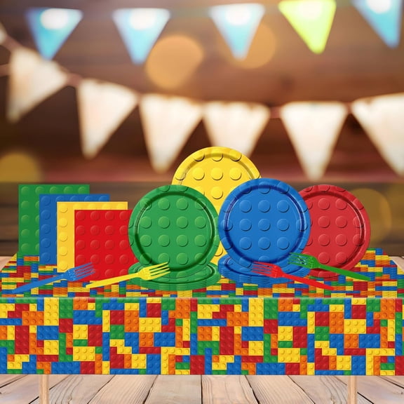 UYGDUY-Building Block Party Supplies,61pcs Block Party Decorations Tableware Include Building Block Plates and Napkins,Tablecloth,Forks for Building Block Birthday Party Supplies,Serve 20
