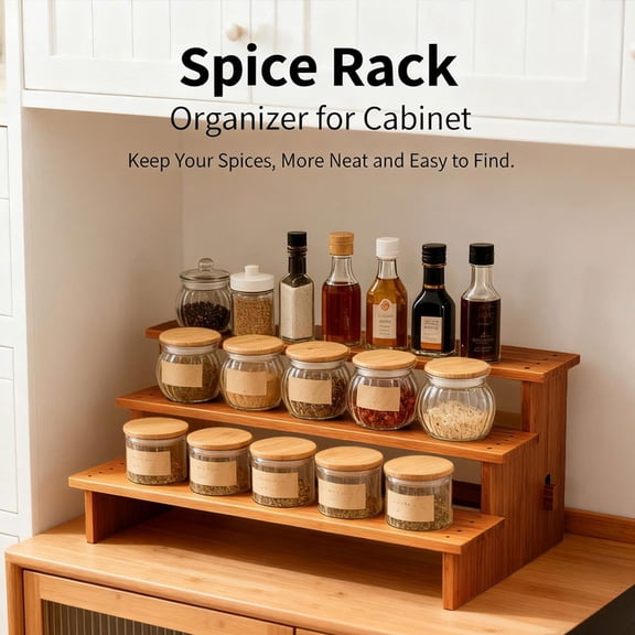 UYGDUY-Cabinet Spice Organizer, Spice Organization for Cabinet, 3 Tier Spice Rack Organizer for Cabinet, Seasoning Organizer & Seasoning Rack, Kitchen Cabinet Organizer (1, Dark Bamboo)
