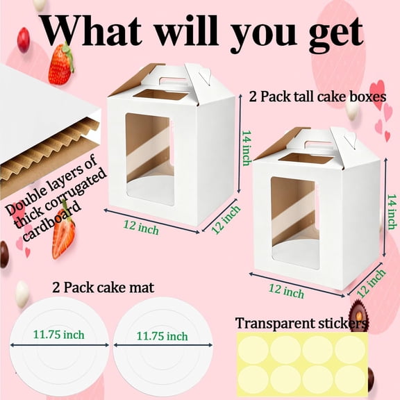 UYGDUY-Cake Boxes - 2 Pack Tall Cake Box 12x12x14 Inch Disposable Layer Carrier with Window Large Tierd Cake Out Transport Containers with Handle for Wedding, Birthday, Party (White)