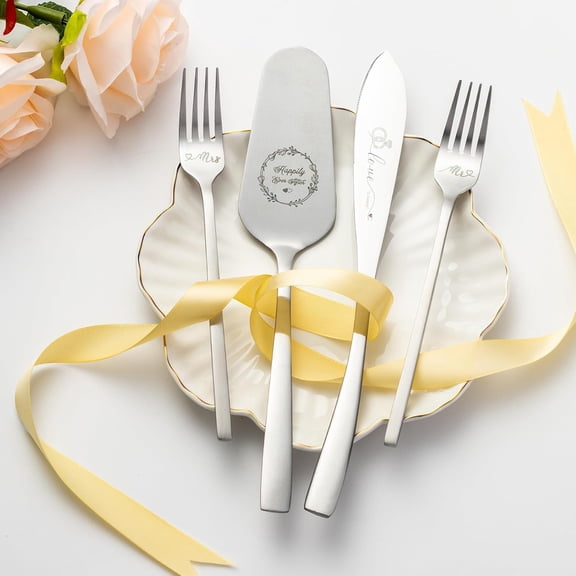 UYGDUY-Cake Cutting Set For Wedding, Wedding Cake Knife And Server Set, Mr And Mrs Forks And Cake Cutter Set For Wedding, Bridal Shower Gifts, Engagement Gifts For Couples (Silver)
