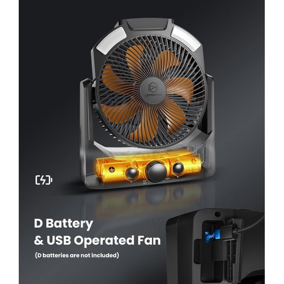 UYGDUY-Camping Fan with LED Lantern, 8 Inch D-Cell Battery Operated Desk Fan with Timer, High Velocity Stepless Speed Control, Quiet,SOS Light, 180 Rotation USB Fan for Outdoor, Hurricane, Emergency