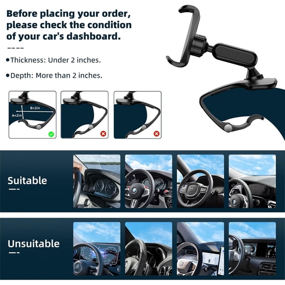 UYGDUY-Car Phone Holder Mount for Dashboard 360 Degree Rotation Multifunctional Cell Phone Clip Design Phone Mount Compatible with 4-7 inch Smartphones (Black)