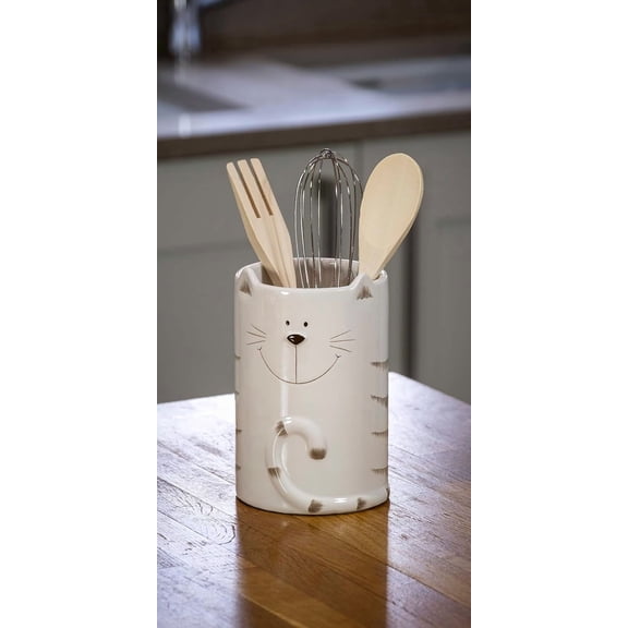 UYGDUY-Cat Utensil Holder, Ceramic Utensil Crock, Cute Kitchen Countertop Decor, Baking & Cooking Tools Organizer, Gifts for Cat Lovers & Pet Owners 4.3" x 6.3"