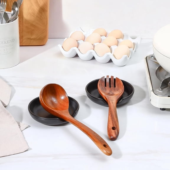 UYGDUY-Ceramic Spoon Rest, 4.8 Inch Spoon Rest for Stove Top, Spoon Holder for Kitchen Counter, Coffee Spoon Holder, Heat-Resistant Cooking Utensil Rest for Ladles Tong, Set of 4, Black