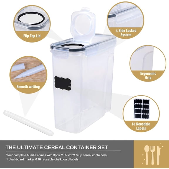 UYGDUY-Cereal Containers Storage Set - 3 Piece Airtight Large Dry Cereal Container (135.2oz), BPA Free Dispenser Plastic Cereal Storage Containers with 16 Labels & Pen