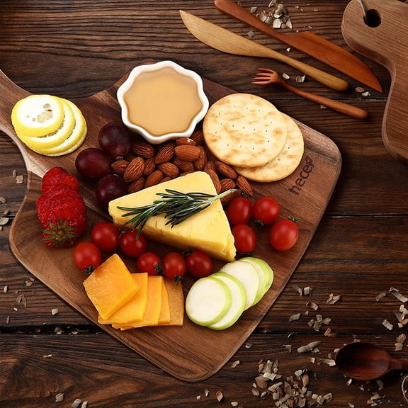 UYGDUY-Cheese Board set of 3,a Acacia Wood Cheese Plate, a Knife, a Fork, Charcuterie Board Platter Slate Serving Set for Appetizer Birthdays, Weddings, Housewarming (Cheese board with 2 knives)
