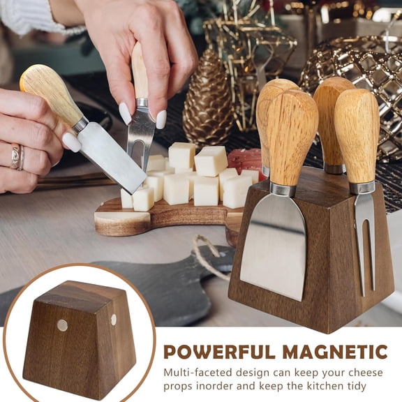 UYGDUY-Cheese Knife Set for Charcuterie - 4 Small Stainless Steel Cheese Knives and Fork with Magnetic Acacia Wood Holder - Charcuterie Board Accessories