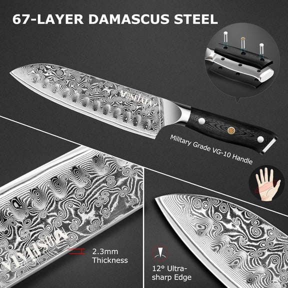 UYGDUY-Chef Knife,Kitchen Knife Santoku Chef's Knife 7 inch Multifunction Kitchen Knives Damascus Steel VG-10 Blade,Knife Sharpener Rod Gift Box
