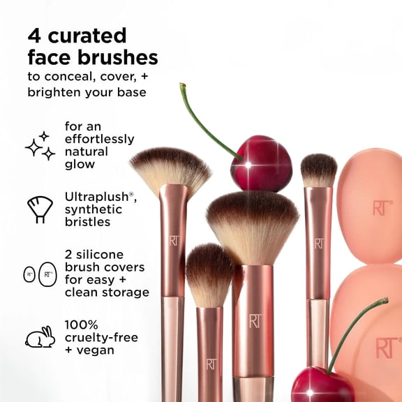 UYGDUY-Cherry On Top A Brighter Hue Base Set, Face Makeup Brushes & Travel Covers, For Foundation, Concealer, Powder, & Blush, Synthetic Bristles, Vegan & Cruelty-Free, 6 Piece Set