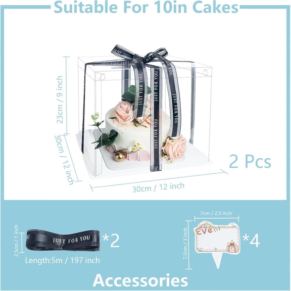 UYGDUY-Clear Cake Box, 2 Pcs Transparent Trat Carrier with Lids, 10'' PET Pie Packaging Boxes with Ribbon Gift Card for Pastries, Take Out Containers for Birthday, Wedding and Festival Party, White.