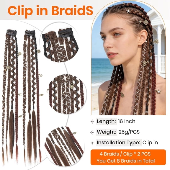 UYGDUY-Clip in Braid Hair Extensions 16" 2PCS Color Light Brown Mix,Boho Dreadlocks Handmade Synthetic Braids with Beads & Charms Braided Hairpieces for Women