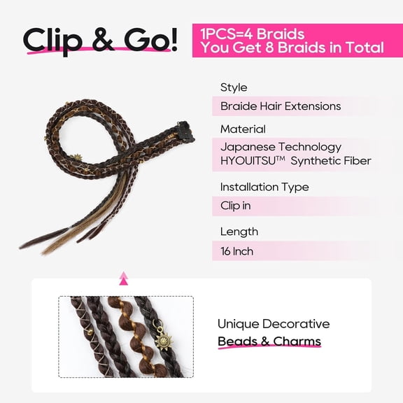 UYGDUY-Clip in Braid Hair Extensions for Women, 16" Boho Dreadlock Clip in Braids with Beads & Charms, 2PCS Handmade Synthetic Braided Hairpieces for Cosplay Daily Styling, Dark Brown Mix