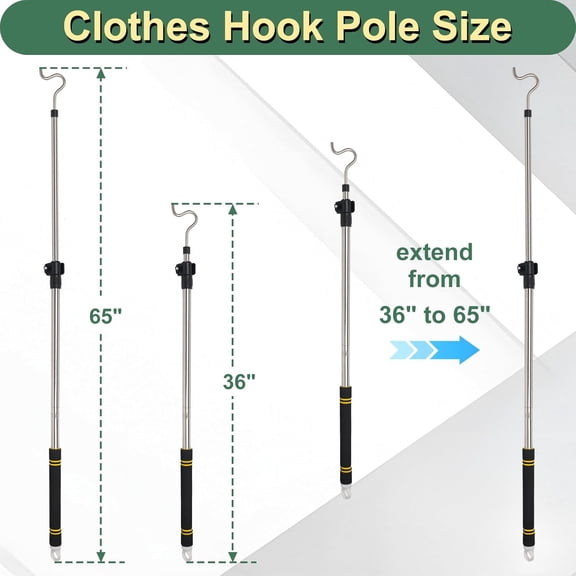UYGDUY-Clothes Hanger Reaching Hook,37 to 65Inch Clothes Hook Pole Long Light Hanging Extension Adjustable Clothes Rod Assist Tool Sponge Handle Shutters Pole Ceiling Home Reacher Poles (65in)