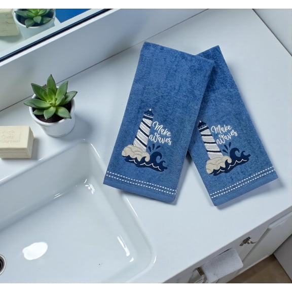 UYGDUY-Coastal Bathroom Hand Towels- Set of 2 100% Cotton Blue Embroidered Make Waves Lighthouse- 16 x 25 Bath & Kitchen Decor