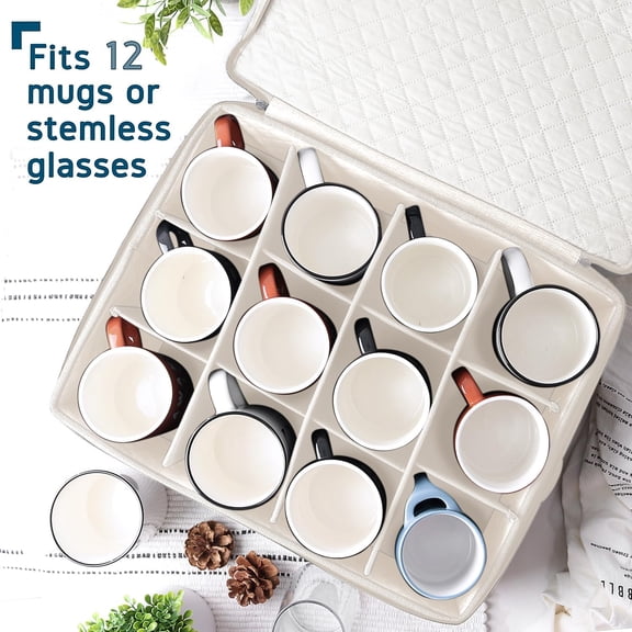 UYGDUY-Coffee Mug Storage, Quilted and Stackable Coffee Cup Storage Organizer for Service of 12, Mug Storage Box with Dividers, China Containers Hard Shell for Moving and Organization, Cream