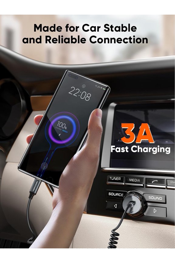 -Coiled USB C Cable, Coiled USB A to USB C Cable for Car Type C Charger Cable for Carplay & Android Auto Compatible with iPhone 16,15, Samsung Galaxy S24 / S23, Google Pixel, Tablet