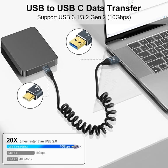 UYGDUY-Coiled USB to USB C Cable, 10Gbps USB C to A Data Transfer Retractable Cord for Phone(Extend up from 0.75FT to 3.3FT)