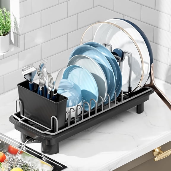 UYGDUY-Compact Dish Drying Rack with Utensil Holder  Small Countertop Dish Drainer with 360 Rotating Drain Spout, Stainless Steel Dish Rack for Kitchen Sink, Space-Saving Design for Small Kitchen