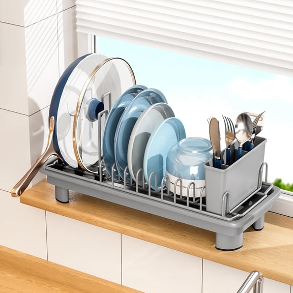 UYGDUY-Compact Dish Drying Rack with Utensil Holder  Small Countertop Dish Drainer with 360 Rotating Drain Spout, Stainless Steel Dish Rack for Kitchen Sink, Space-Saving Design for Small Kitc