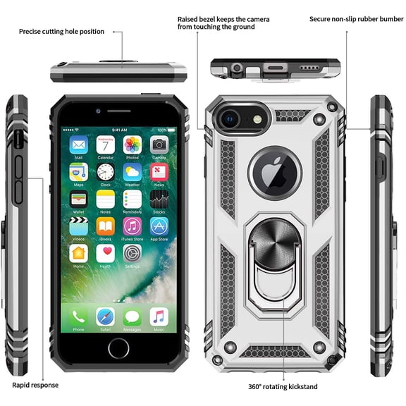 UYGDUY-Compatible for 8/7/6s/6 Case (2 Pack), Silver, Cellular Phone Case with Tempered Glass Screen Protector & Kickstand Ring