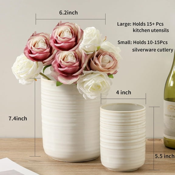 UYGDUY-Cooking Utensil Holder, 7.4"+5.5" Ceramic Kitchen Utensil Holder for Counter, Rustic Utensil Oganizer Crocks for Spatula, Ice Bucket Gift for Dad, Set of 2, Clay-Infused White
