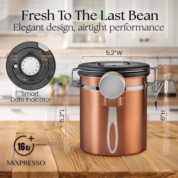 UYGDUY-Copper 16 Oz Stainless Steel Coffee Canister with Scoop  Airtight Coffee Container with CO2 Valve for Bean Storage, Date Tracker Lid