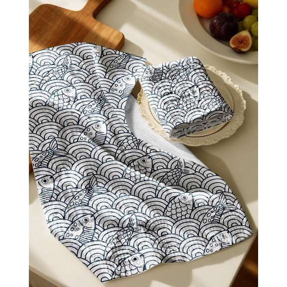UYGDUY-Cotton Waffle Kitchen Towels Cute 370 GSM 16x25 Inch Terry Cloth Waffle Decorative Dishcloth for Kitchen Set of 2 with Hanging Loops Absorbent Hand Tea Towel for Home Design, Fish