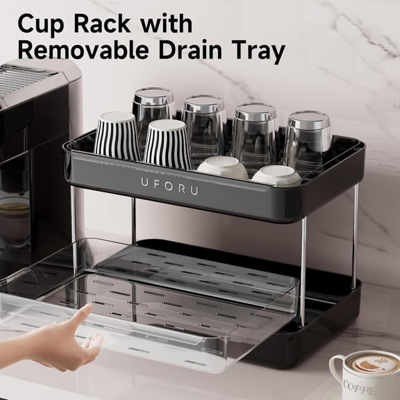 UYGDUY-Countertop Coffee Station Organizer, 2 Tier Wine Glass Holder, Mug Display Shelf with Removable Drain Tray, Spice & condiment Rack for Kitchen, Bathroom Countertop Organizer, Black