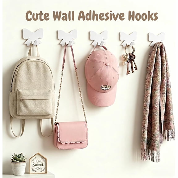 UYGDUY-Cute Bow Knot Wall Hook, 8-Pack White Adhesive Hooks, Small Decorative Accessories, Stainless Steel Rack, Decor Hangers for Hanging Purse, Keys, Bags, Hats, Towels, Clothes