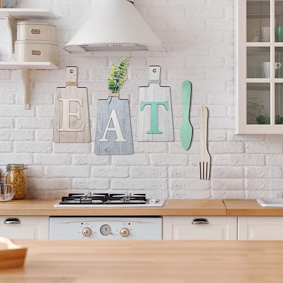 UYGDUY-Cutting Board Eat Sign Set Hanging Art Kitchen Eat Sign Farmhouse Fork and Spoon Wall Decor Rustic Primitive Country Kitchen Decor for Home over Cabinet Decoration(Beige, Dark Gray, Gray White